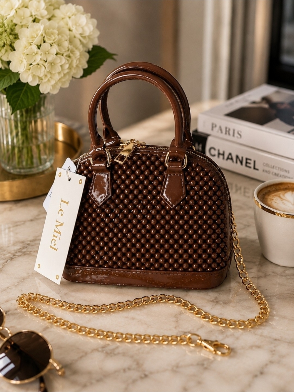 Le Miel Brown Jelly Beaded Mini Satchel Bag Gold Chain Crossbody Purse NWT